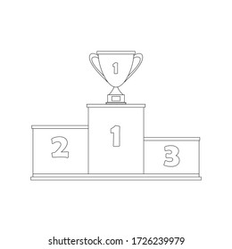 Podium for winners with gold Cup, black outline white background, close-up, isolated on white background, vector color illustration, design