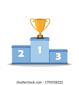 Podium for winners with a gold Cup, close-up, isolated on a white background, vector color illustration, design