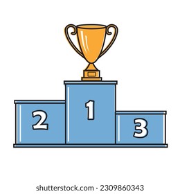 Podium for winners with a gold Cup, close-up, isolated on a white background, vector color illustration, design