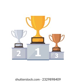 Podium for winners with a gold Cup, close-up, isolated on a white background, vector color illustration, design