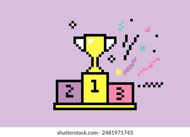 Podium for winners with a gold cup in pixel art. Sport pedestal. Mood of 90's aesthetics. 8-bit retro style vector illustration. Funny colored