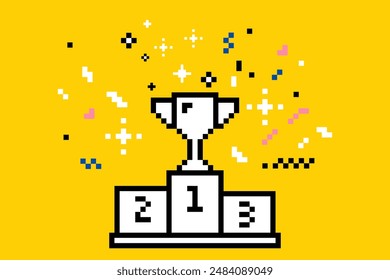 Podium for winners with a gold cup in pixel art style. Pixels pedestal. Sport podium. Fireworks. Confetti. Mood of 90's aesthetics. 8-bit retro style vector illustration. Trendy geometric brutalism