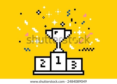 Podium for winners with a gold cup in pixel art style. Pixels pedestal. Sport podium. Fireworks. Confetti. Mood of 90's aesthetics. 8-bit retro style vector illustration. Trendy geometric brutalism