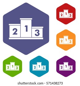 Podium winners icons set rhombus in different colors isolated on white background