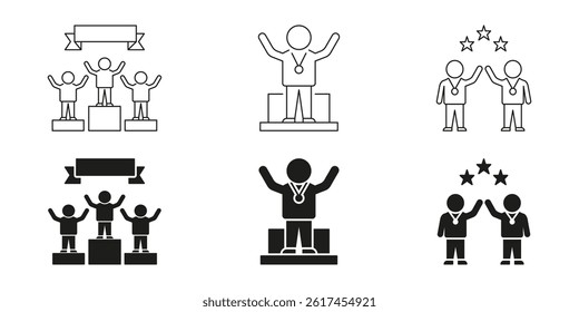 Podium Winners And Medalists Line And Solid Icon Set. Achievement, Victory, And Teamwork Celebration Symbol Collection. Recognition And Success In Competitions. Isolated Vector Illustration.