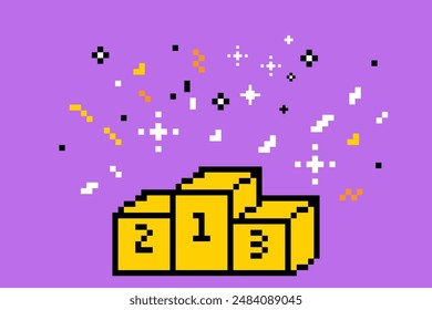 Podium for winners in pixel art style. Pixels pedestal. Sport podium. Mood of 90's aesthetics. 8-bit retro style vector illustration. Funny colored. Trendy geometric brutalism 