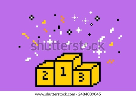 Podium for winners in pixel art style. Pixels pedestal. Sport podium. Mood of 90's aesthetics. 8-bit retro style vector illustration. Funny colored. Trendy geometric brutalism 