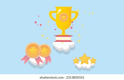 Podium winners with trophies, gold winners and gold stars, first and second and third places winning trophies.