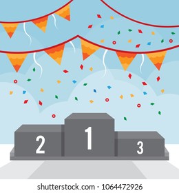 podium winners vector illustration with confetti. Stage for awards ceremony.  Pedestal. Spotlight with cloud sky background