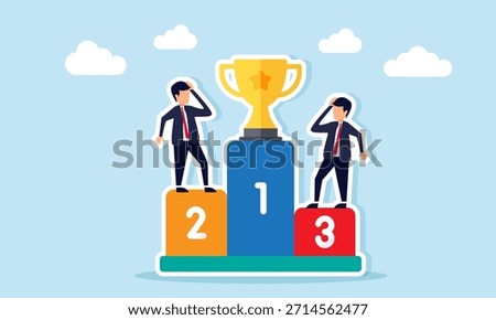 Podium with winning businessmen while first place is occupied by a trophy illustrating failure to achieve leading company status