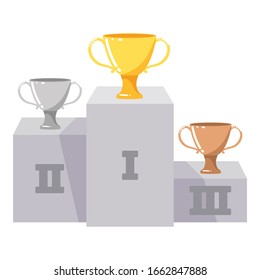 Podium with winning places. Award for sports competition. Gold Cup for first place. Silver Cup for second place. Bronze Cup for third place. Flat minimalistic design. Icon.