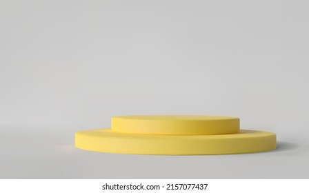 The podium is yellow cylindrical for product presentation. The 3d exhibition stand is empty. Vector background
