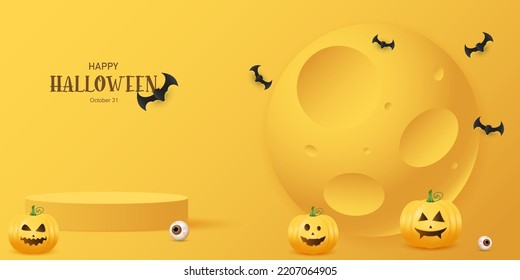 Podium yellow minimal scene 3d background. The moon,pumpkins character,eye ball,bat. Happy Halloween festive banner. 3d realistic cylinder, pedestal, podium. Happy Halloween banner. 3d podium vector.