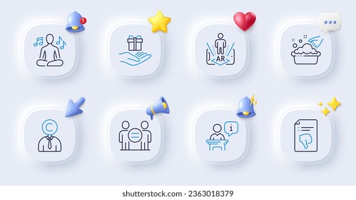 Podium, Yoga music and Loyalty program line icons. Buttons with 3d bell, chat speech, cursor. Pack of Hand washing, Augmented reality, Thumb down icon. Copyrighter, Ethics pictogram. Vector