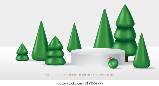 Podium for your product decorated Green Christmas trees. Realistic Vector illustration in 3D style