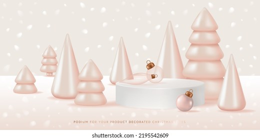 Podium for your product decorated nacreous Christmas trees. Realistic Vector illustration in 3D style