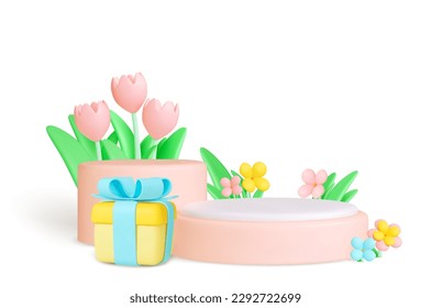 Podiums 3d empty, flowers tulips bouquet. Spring summer composition for ad or presentation, stands and plants plasticine render imitation. Isolated vector concept