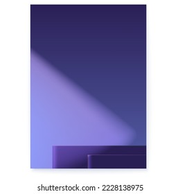 Podiums in dark room. Light of spotlight on wall. Minimalistic geometric cover. Scene for product display. Vector poster.