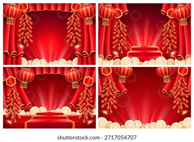 Pódios com luz brilhante e nuvens, cortinas e várias lanternas. Elementos de decoração de Ano Novo chinês vetor com fogos de artifício e lâmpadas de papel. Férias e festivais, visuais culturais e decorativos