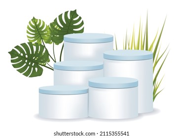 Podiums with Monstera deliciosa leaf and Grass vector illustration on white background. White stage 3d background for display or montage product.