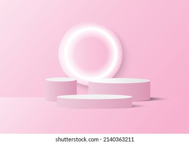 Podiums and neon ring. Scene of pink product display background. Vector illustration.
