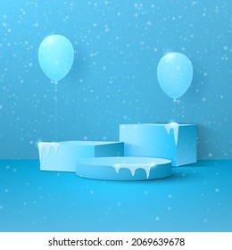 Podiums on a winter background with falling snow and balloons.