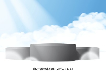 Podiums. Podium, clouds, sky and lights. Great for, products, cards, banners, posters, social media and more. Blue background.