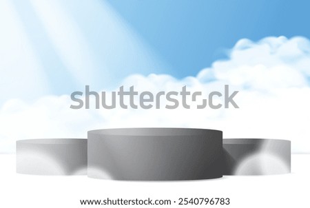 Podiums. Podium, clouds, sky and lights. Great for, products, cards, banners, posters, social media and more. Blue background.