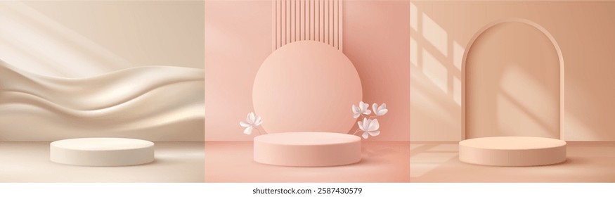 Podiums set for cosmetics or products for sale. Vector realistic background for advertisement or commercial. Minimalist mockup of scenes for goods, rays of sun and display presentations