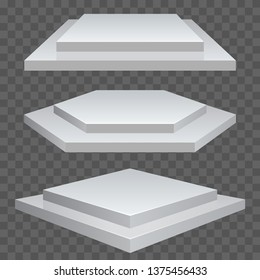 Podiums set, square, rhombus, hexagon geometric stage platform, Product presentation podium illuminated, empty space, white pedestal, blank template mockup. vector