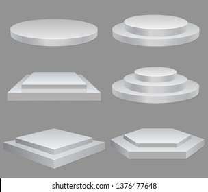 Podiums set, square, rhombus, hexagon geometric stage, round platform, Product presentation podium illuminated, empty space, white pedestal, blank template mockup. vector