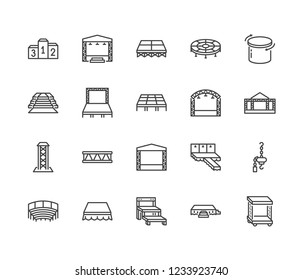 Podiums, stages flat line icons set. Event equipment vector illustrations - red carpet, runway fashion podium, performance scene, stage ladder, aluminium truss. Pixel perfect 64x64. Editable Strokes.