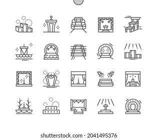 Podiums, stages. Open stage. Scene, entertainment, show and performance. Light, spotlight, shine. Pixel Perfect Vector Thin Line Icons. Simple Minimal Pictogram - Shutterstock ID 2041495376