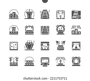 Podios, estadios. Abrir escenario. Escena, entretenimiento, espectáculo y actuación. Luz, foco, brillo. Iconos sólidos vectoriales. Pictograma simple