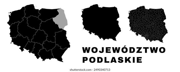 Podlaskie map, Polish voivodeship. Poland administrative division, provinces, boroughs, and municipalities.