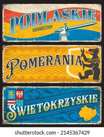 Podlaskie, Pomerania, Swietokryskie polish voivodeship plates and travel stickers. Vector vintage banners with Poland coat of arms, territory map, flag, heraldic eagle lion, sword in hand, aged signs