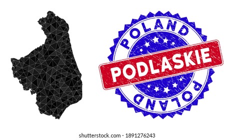 Podlaskie Voivodeship map polygonal mesh with filled triangles, and grunge bicolor stamp imitation. Triangle mosaic Podlaskie Voivodeship map with mesh vector model, triangles have variable sizes,