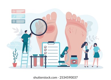 Podology, feet disease, fungal infection. Group of doctors exam patient, treatment of foot and nail psoriasis. Podiatrist analyzes psoriatic feet. Inflammation of the skin. Medical care. flat vector