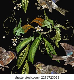 Pods of green peas and birds. Classical embroidery. Art fashion pattern. Template for clothes, t-shirt design