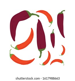 Pods of hot red pepper. Flat isolated vector illustration on white background.  