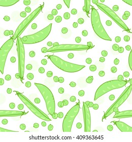 Pods and peas, seeds peas green. Vector illustration. Seamless pattern design canvas fabric in the vector. Vegetables on a white background.