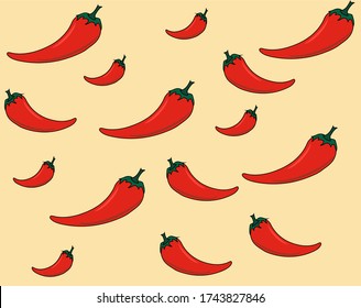 Pods of red bitter pepper on a light yellow background. Vector illustration for site design, kitchen accessories, fabric