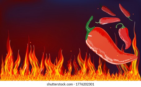 Pods of red hot pepper on the background of the flame. Dark, fiery background. Vector illustration for a banner, copy space.