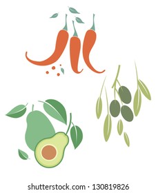 Pods of red pepper, a branch of olives, avocados.