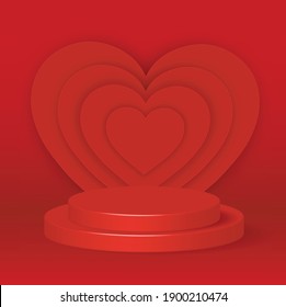 poduim 3d rendering abstract geometric shape red color.backdrop  for cosmetic product display. fashion beauty vector background with heart shape,illustration EPS10.