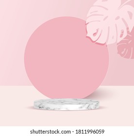 poduim backdrop with empty cube box with tropical leaf for cosmetic product display. fashion beauty vector pink background with marble stone texture,illustration EPS10