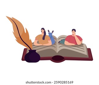 Poem book writing scene with quill illustration