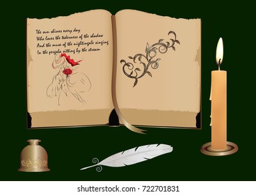  poems written on the page of an ancient book - with an illustration of a female silhouette - decorated with a vintage arabesque - next is a burning candle - art vector