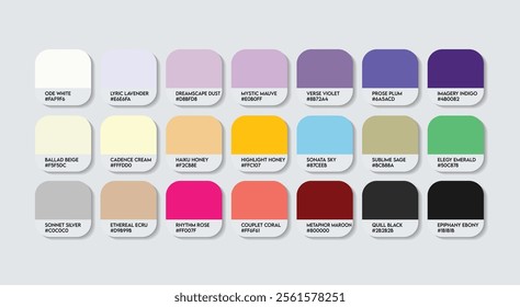 Poet Color Guide Palette with Color Names. Catalog Sample Poets with RGB HEX codes and Names. Colors Palette, Media newspaper Poet Color Palette, Fashion Trend Poet, writer Color Palette