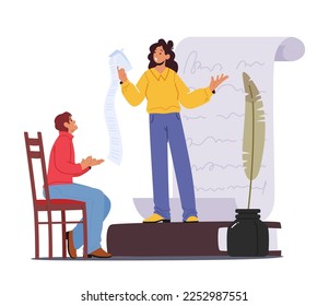 Poet Girl Reading Poem to Listener. Inspired Creative Female Character Presenting Poetries on Event for Artists in Room with Paper Scroll, Feather Pen and Inkwell. Cartoon People Vector Illustration